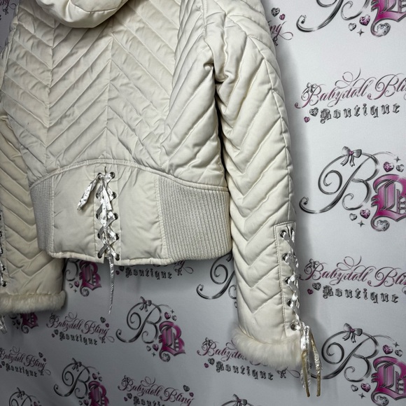 Bebe corset coat jacket snow bunny fur rabbit White Quilted Jacket Fur Trim hood - Picture 4 of 16